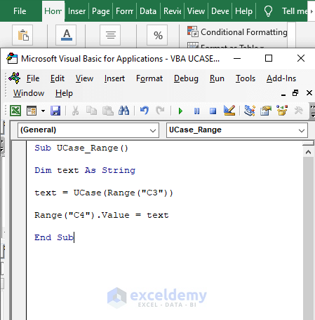 Code to convert and output in cell - VBA UCASE Function