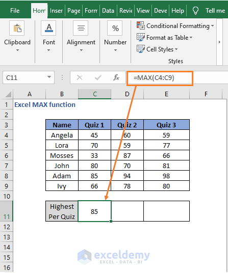 Column example result - Excel MAX function