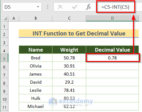 Applying INT Function to Get Decimal Value in Excel