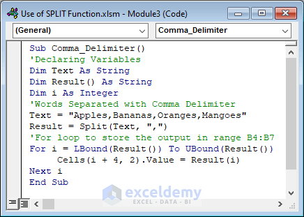 8-vba code to split words separated with comma delimiter
