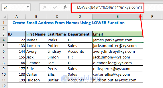 Enter formula using LOWER function to create email