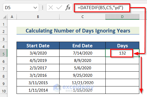 Calculate Number of Days Ignoring Years Applying Excel DATEDIF Function