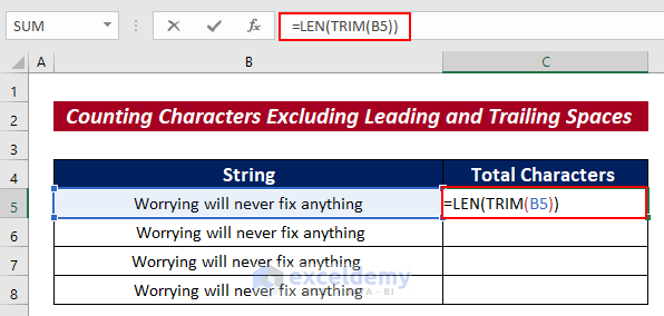 Count Characters Excluding Leading and Trailing Spaces