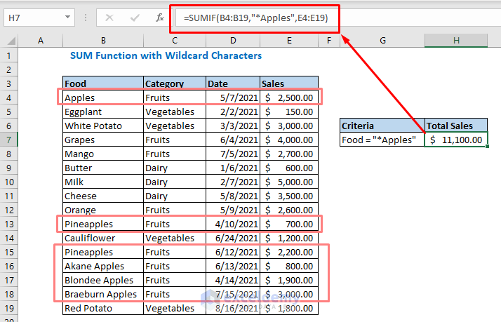 Sum function formula with wildcard characters