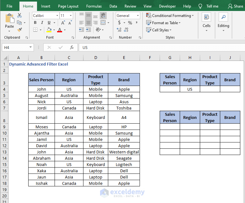Table of list- location - Dynamic Advanced Filter Excel
