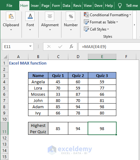 Column example result autofill- Excel MAX function