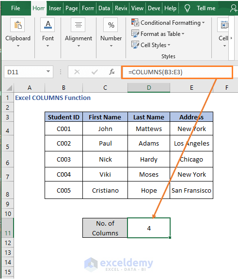 Column number - Excel COLUMNS Function