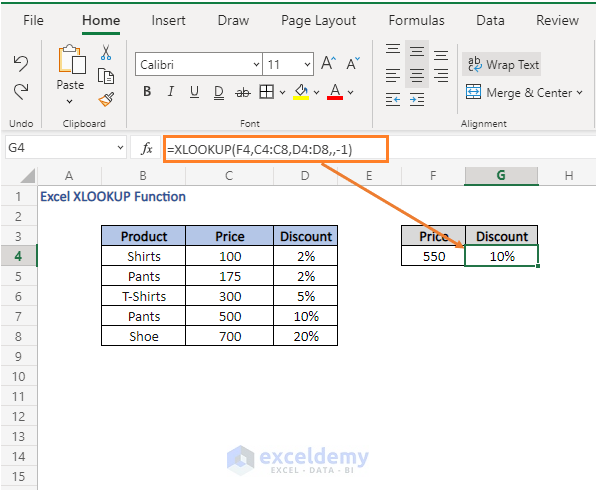 Approximate match -1 - Excel XLOOKUP Function