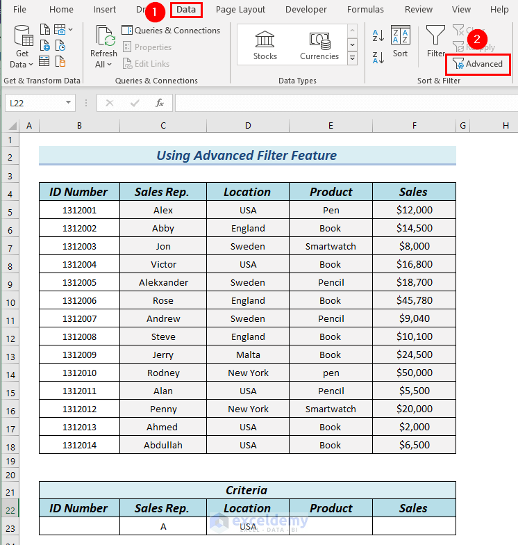 Use of Advanced Filter Feature for Excel Filter Multiple Columns Simultaneously