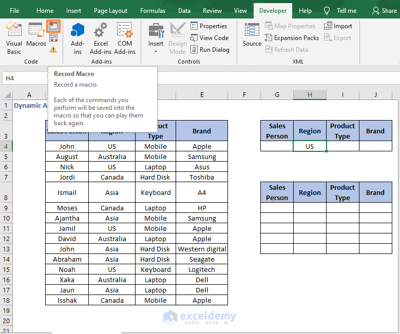Record macros - Dynamic Advanced Filter Excel