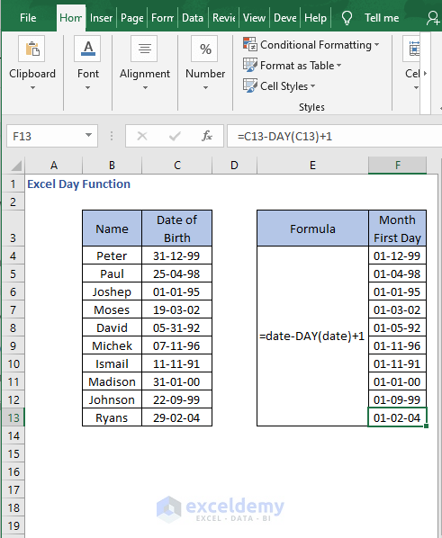 AutoFill - Excel Day Function