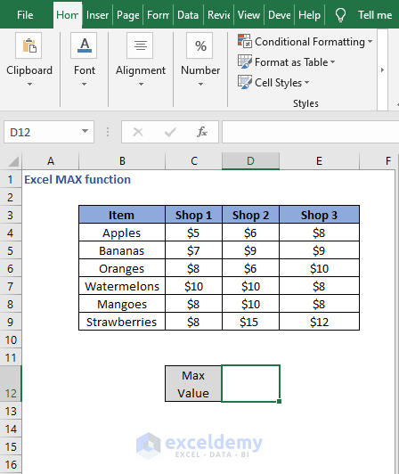Entire data example dataset - Excel MAX function