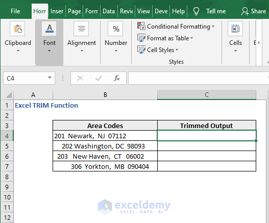 Eradicate Leading Spaces example dataset - Excel TRIM Function