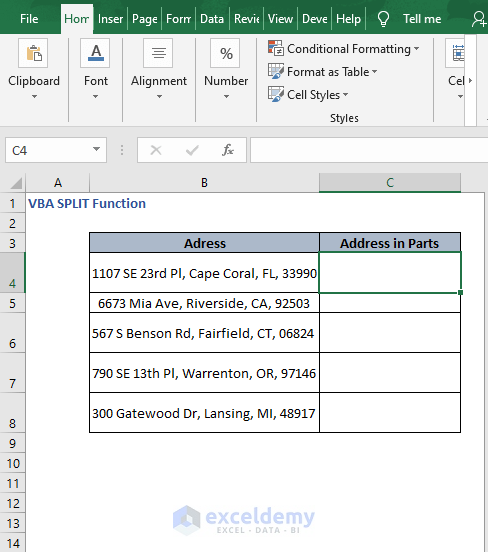 Address in Parts data - VBA SPLIT Function