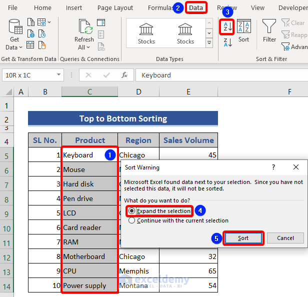 Advanced Sorting of data top to bottom in Excel
