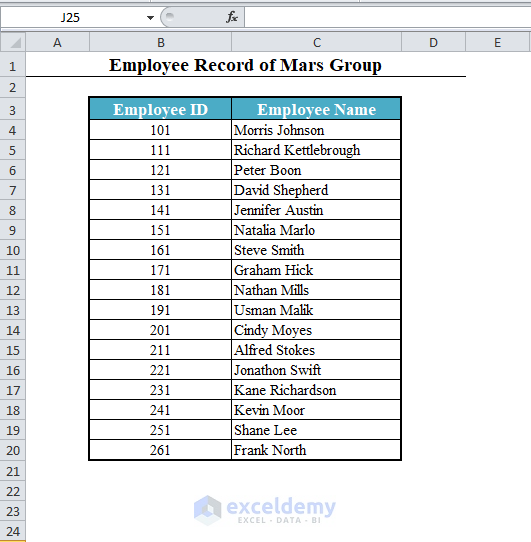 Data Set of Employees in Excel