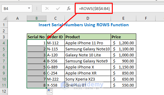 Enter formula using ROWS function