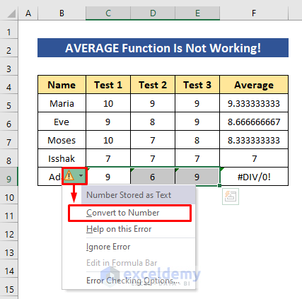 Use Convert to Number Option When AVERAGE Function Is Not Working in Excel