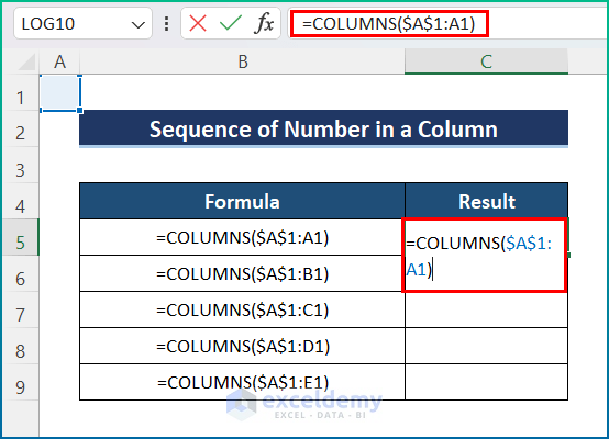 Generate Sequence of Number with COLUMNS Function in Excel