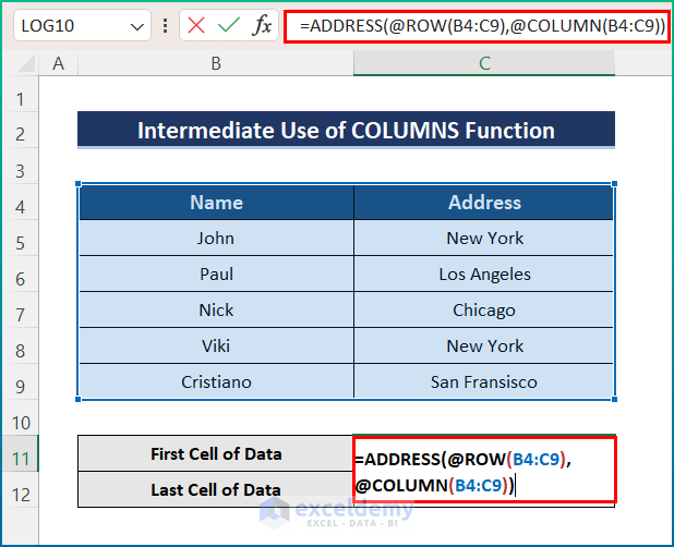 Use Excel COLUMNS Function to Get First and Last Cell