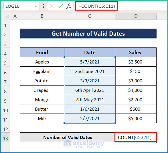 Insert COUNT in Excel to Get Number of Valid Dates