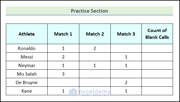 practice section to use Excel COUNTBLANK Function in Excel