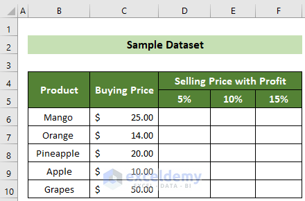 Sample Dataset to Copy Formula in Excel by Changing only One Cell Reference