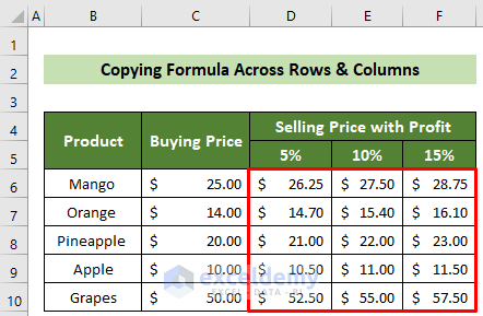 Copied Formula Across Rows and Columns