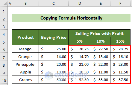 Copied Formula Horizontally by Changing Only One Cell Reference