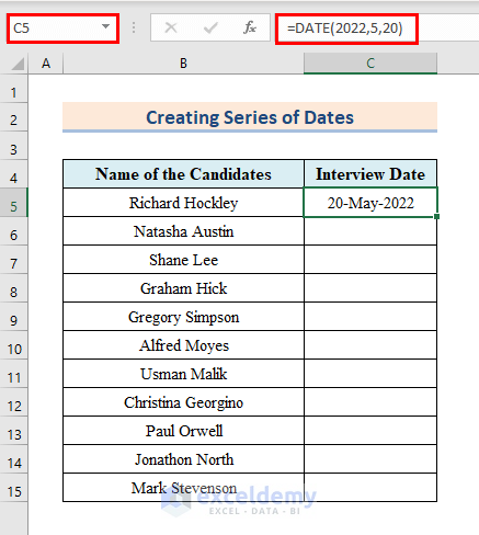Create Series of Dates in Excel