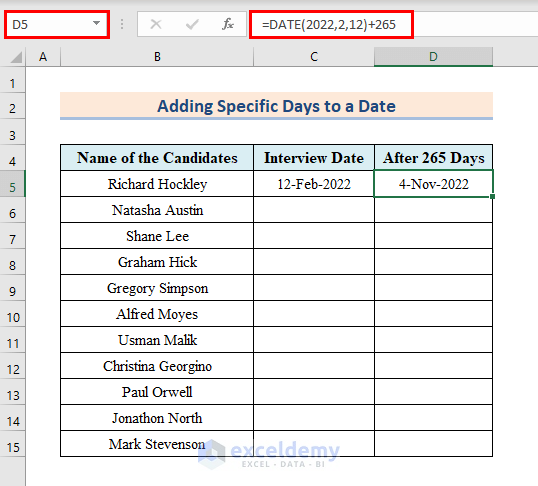 Apply Excle DATE Function to Add Specific Days to Date