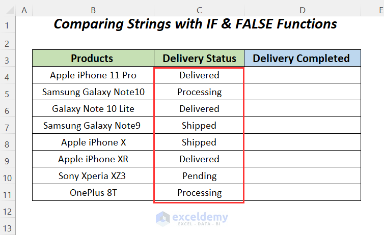 comparing strings with Excel FALSE function