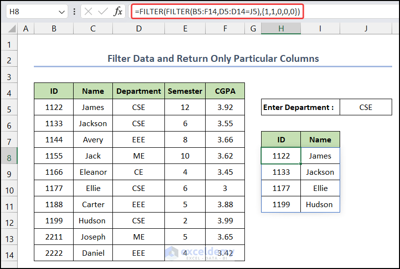 Filter Data and Return Only Particular Columns by Excel FILTER Function