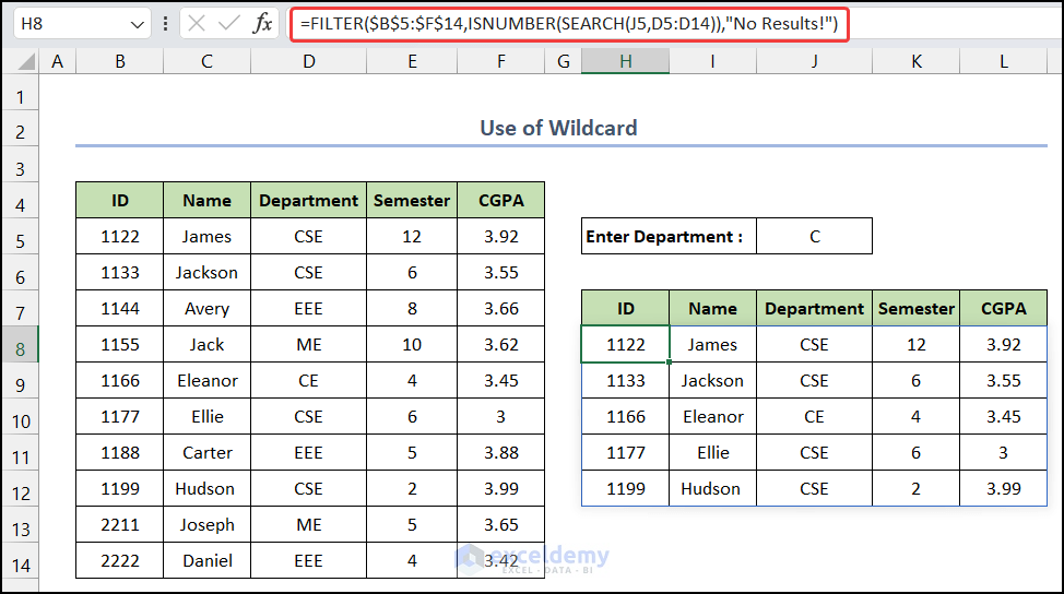 Use of Wildcard with Excel FILTER Function