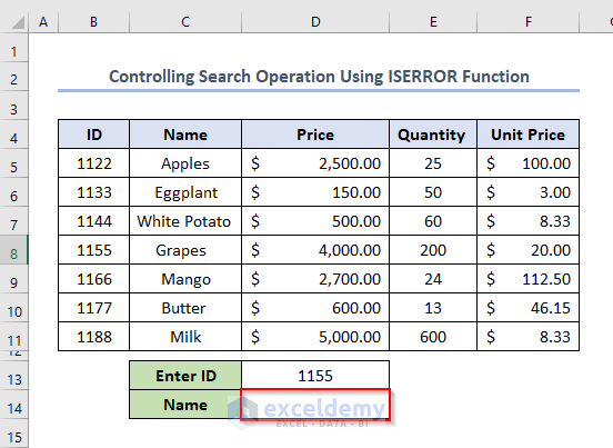 Control Search Operation Using ISERROR Function
