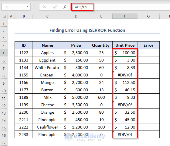 Finding Error Using ISERROR Function
