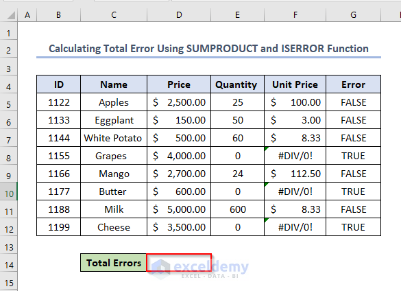 Calculating Total Error Using SUMPRODUCT and ISERROR Functions