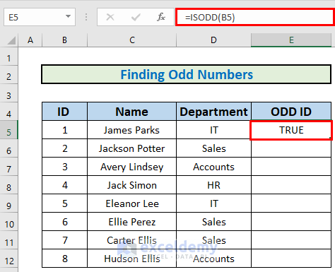 Finding Odd Numbers Excel ISODD Function