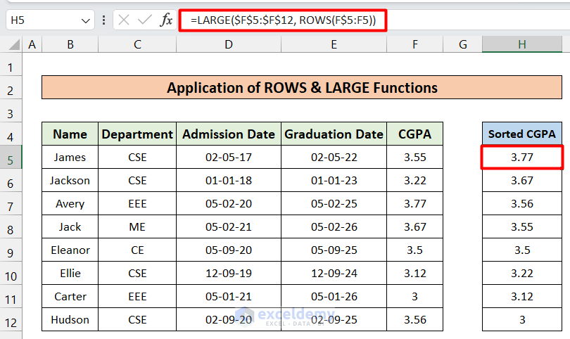 Application of ROWS & LARGE Functions to Sort Numbers in Descending Order