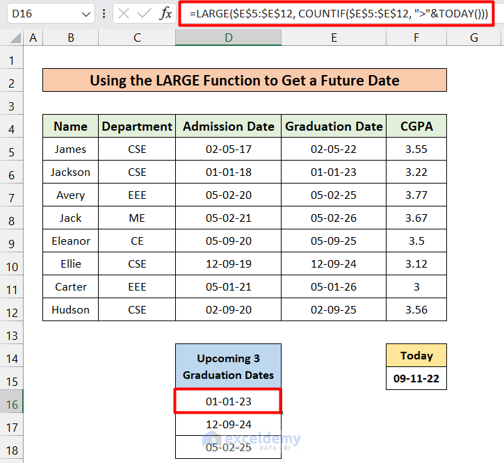 Using the LARGE Function to Get a Future Date Closest to Today or a Particularized Date