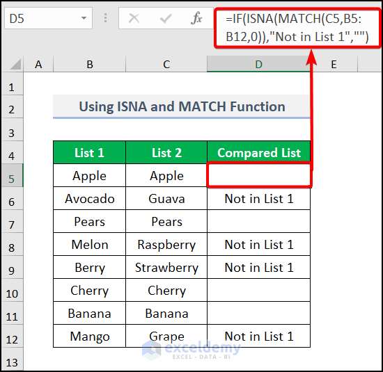 Comparing Two Columns Using ISNA and MATCH Function