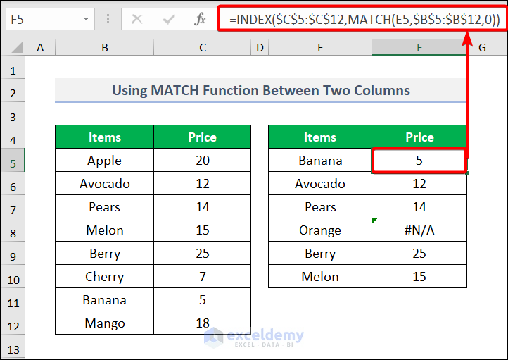 Applying MATCH Function Between Two Columns in EXcel