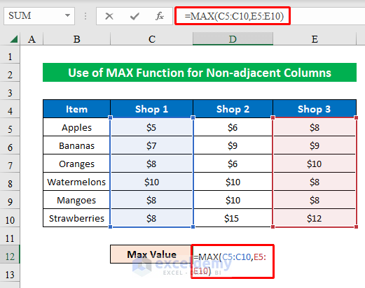 Formula of MAX for Non-Adjacent Columns