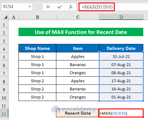 Formula of MAX to Determine Recent Date