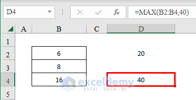 Output after putting Cell Range and Number inside the MAX Function