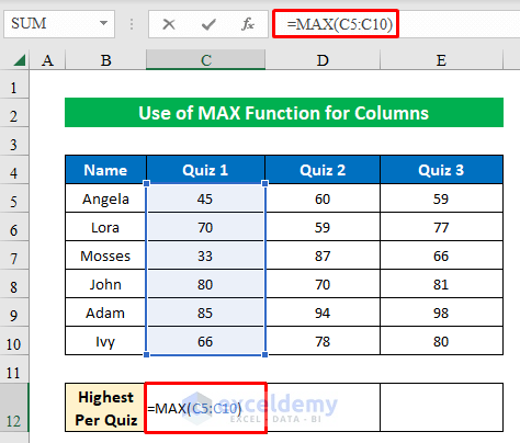 Formula of MAX for Columns