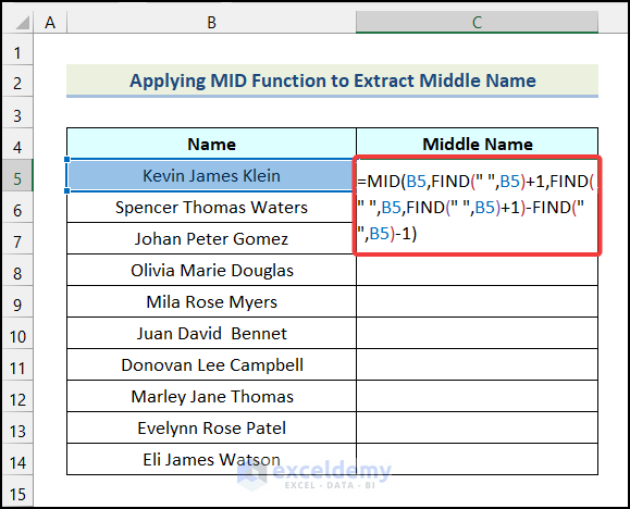 Utilizing MID function to Extract the Middle Name in Excel