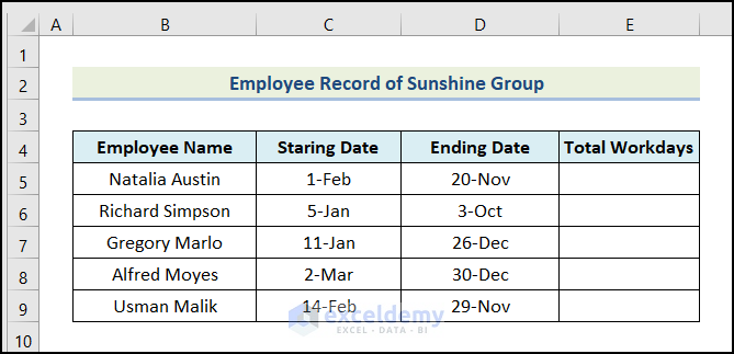 Dataset for using NETWORKDAYS.INTL Function in Excel