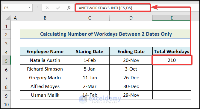 Calculating the Number of Workdays Between 2 Dates Only using NETWORKDAYS.INTL Function in Excel