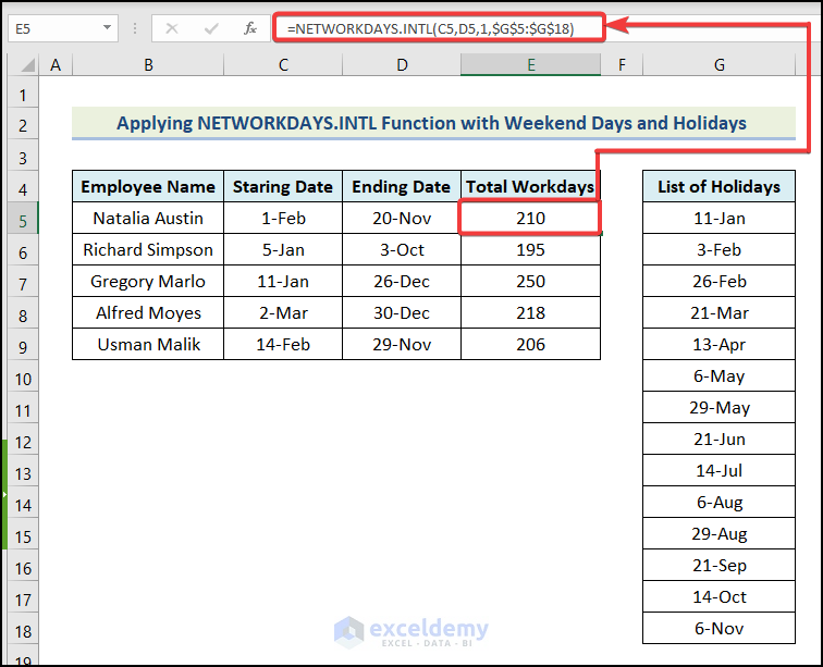Calculating the Number of Workdays Between 2 Dates with Weekend Days and Holidays using NETWORKDAYS.INTL Function in Excel